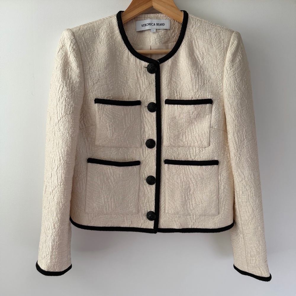 VERONICA BEARD | Darla Textured Ecru Cream Jacket Black Trim Size 6 - Picture 5 of 14